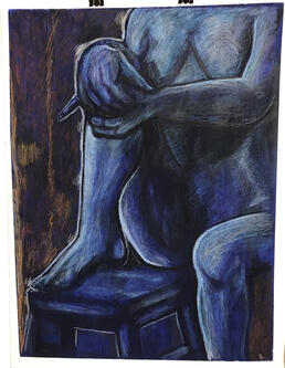 Lady on the Stool, Oil &amp; Colored Pencil on Matboard, 2021. SOLD at 621 Gallery&#39;s 27th Annual Art Auction